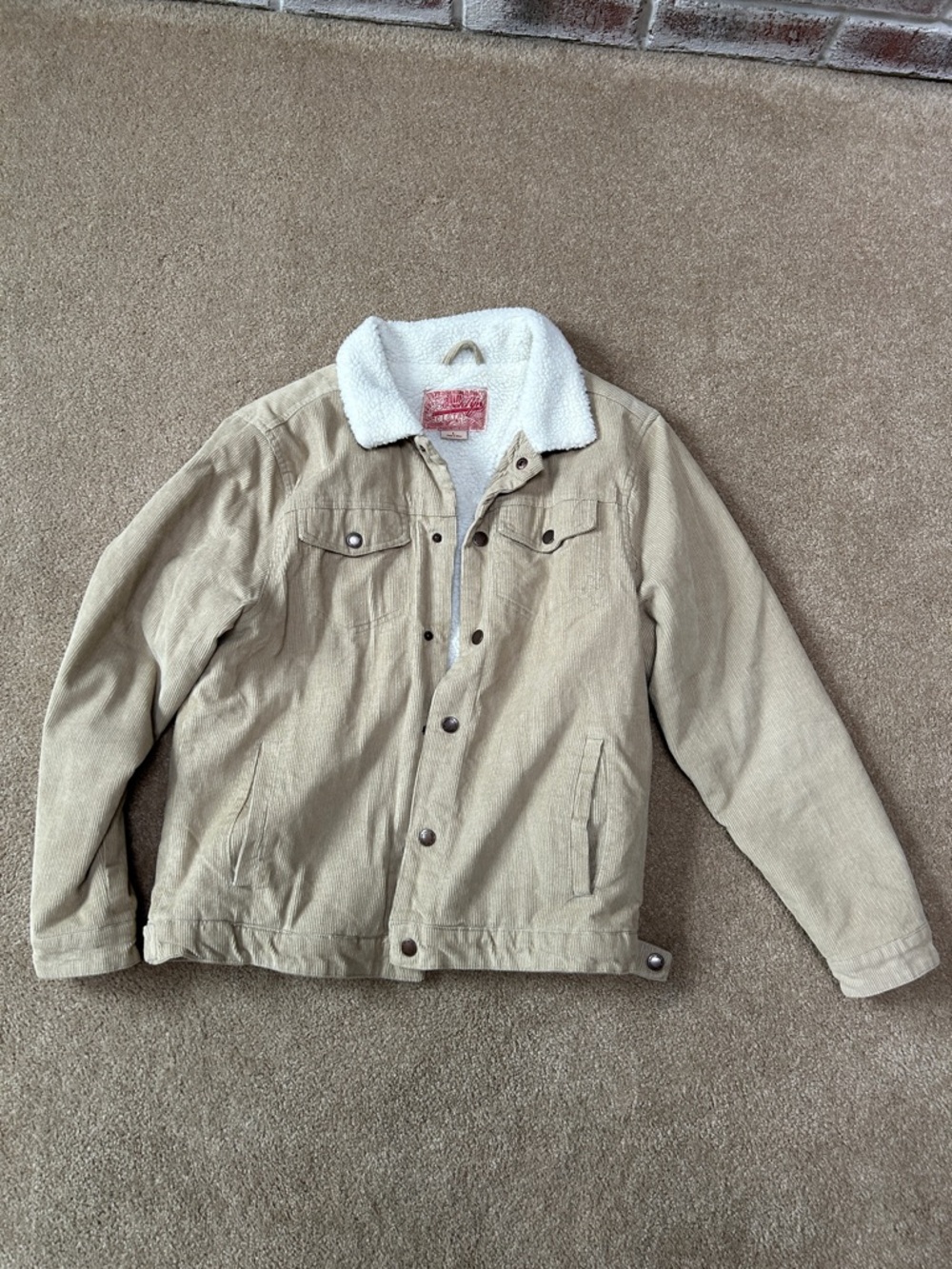 Brooklyn Cloth Beige Corduroy Jacket with White Sherpa Collar and interior.
